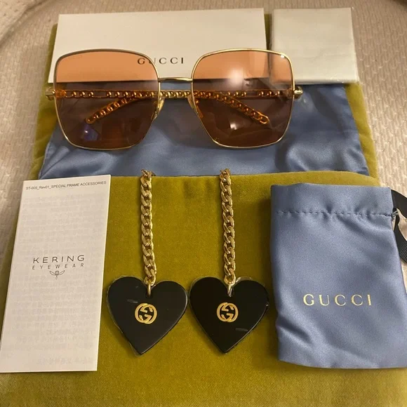 *BRAND NEW* Gucci GG0724S - 005 Gold Square Heart Charm Sunglasses Gucci GUCCI GG0724S CHAIN 0724 Gold Orange Sunglasses 005  main image 4